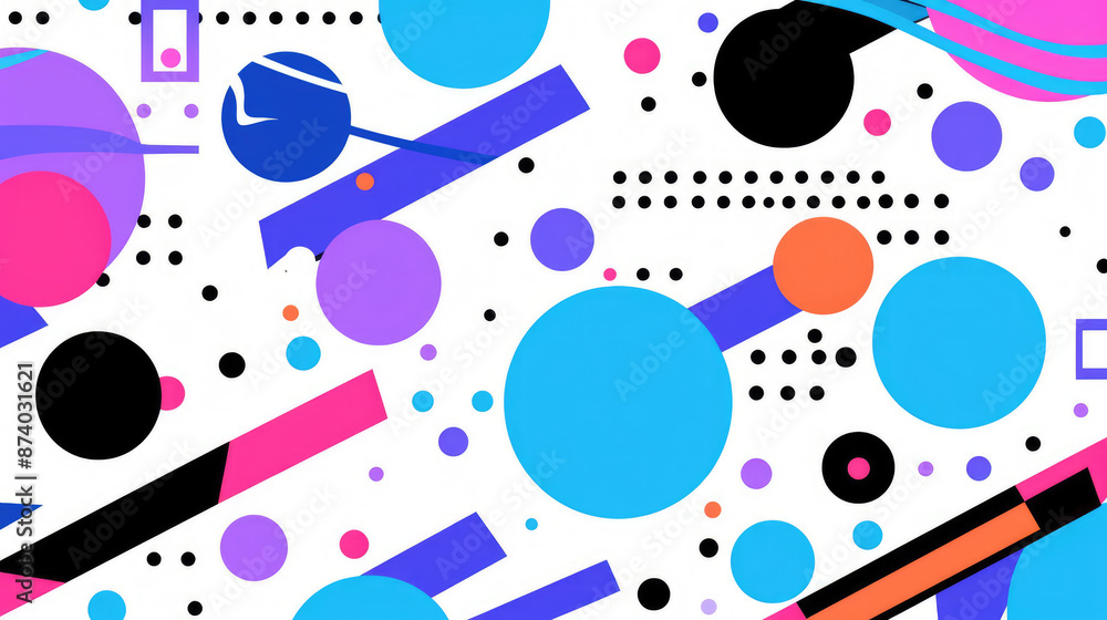 Fototapeta premium Geometric seamless pattern with circles, lines and dots. Trendy Memphis style 80s-90s., generative ai
