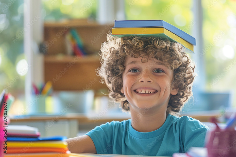 A curly-haired boy balances two books on his head, smiling brightly in ...