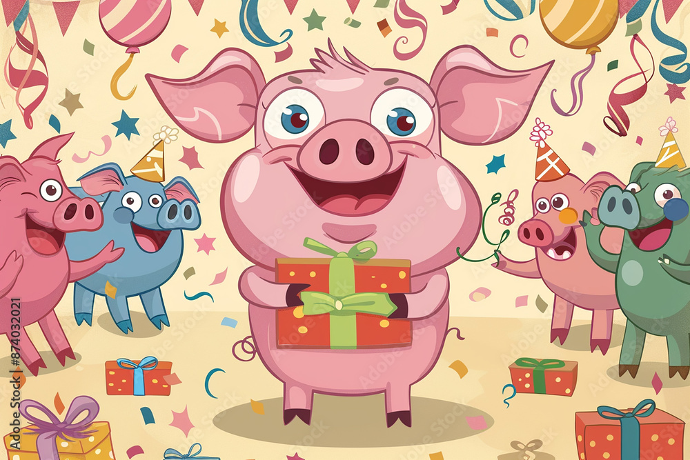 Obraz premium A cartoon pig holding a gift, surrounded by friends at a lively birthday party, with balloons and confetti creating a festive atmosphere.