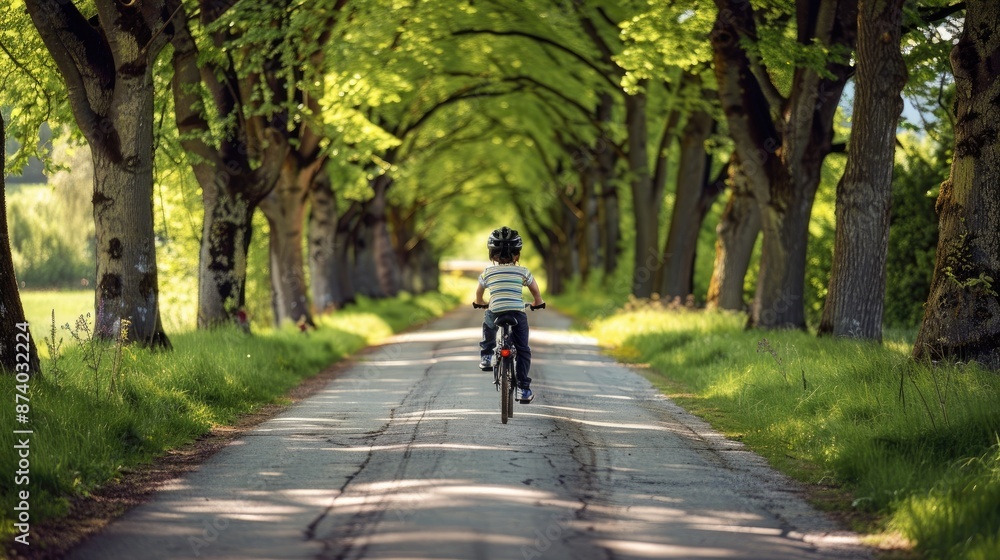 Fototapeta premium Happy child cycling on tree-lined path with space for text and wearing safety helmet and enjoying outdoors adventure