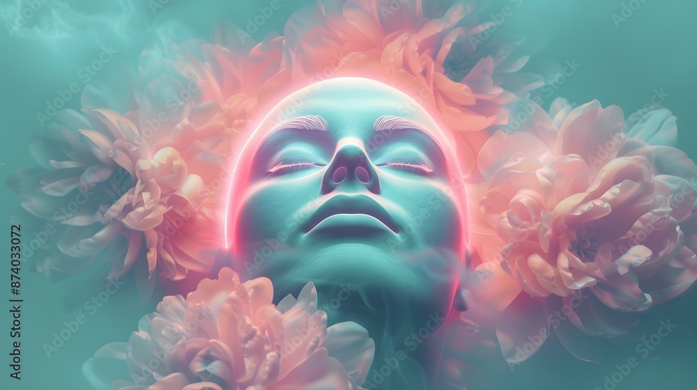 Surreal digital artwork featuring a glowing face surrounded by flowers and ethereal colors, evoking a sense of dreamlike fantasy. Surreal digital artwork featuring a glowing face surrounded by flowers and ethereal colors, evoking a sense of dreamlike fantasy.