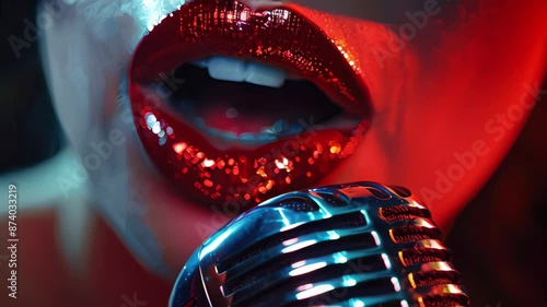 A woman with red lips singing into a microphone. The female singer performing or recording the song in a studio