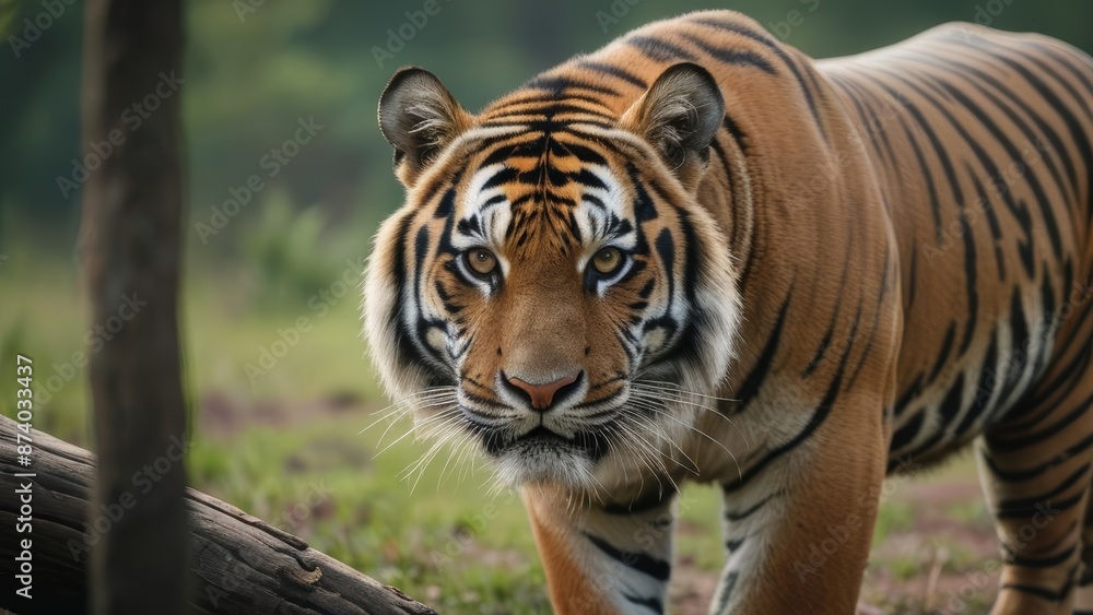 Fototapeta premium Poignant photograph of an endangered tiger in its natural habitat, capturing the essence of wildlife conservation and the beauty of nature.