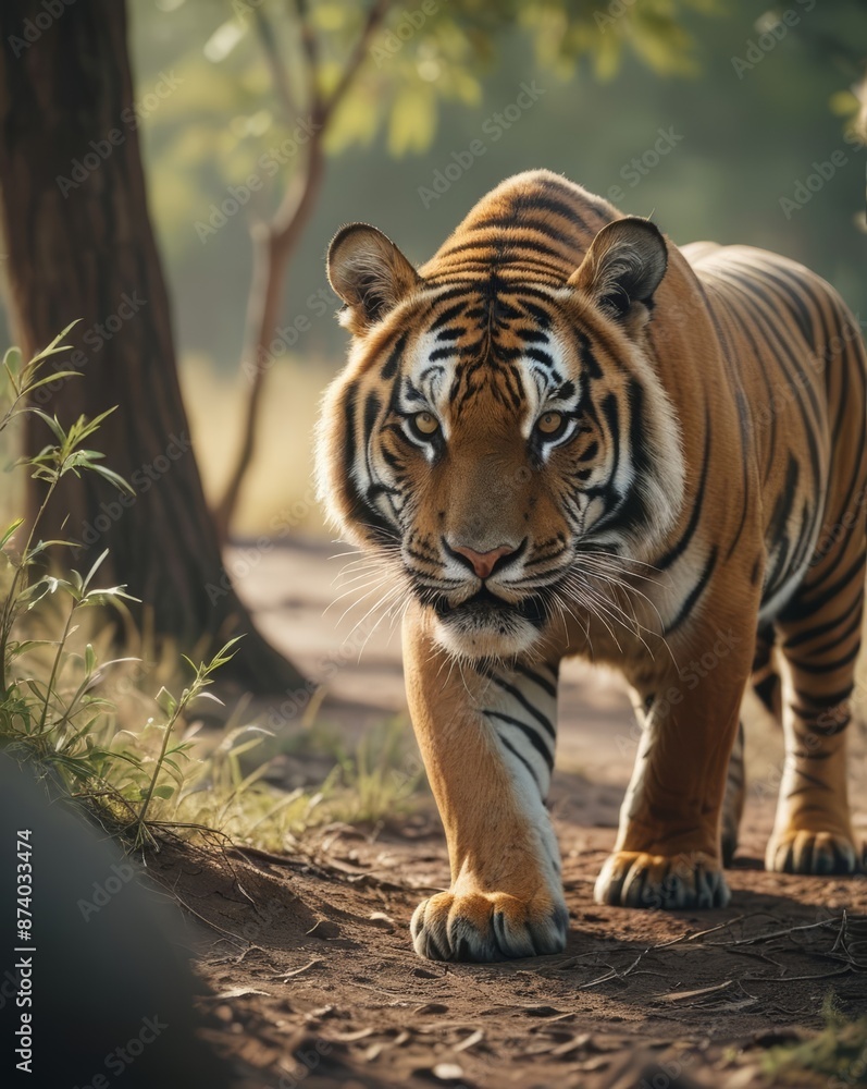 Fototapeta premium Poignant photograph of an endangered tiger in its natural habitat, capturing the essence of wildlife conservation and the beauty of nature.