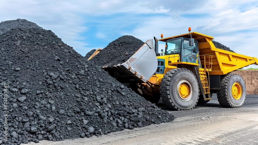 At the location of a black coal mine that is being transported by yellow trucks with a bright blue sky as a background At the location of a black coal mine that is being transported by yellow trucks with a bright blue sky as a background