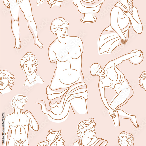 Seamless pattern with ancient greek statue, bust on pink background. Greece culture antique vector repeat pattern design. Historical flat cartoon wallpaper