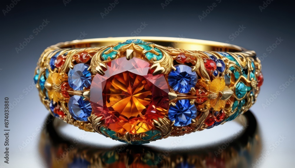 Ornate Gold Ring with Gemstones and Floral Design. Ornate Gold Ring with Gemstones and Floral Design.