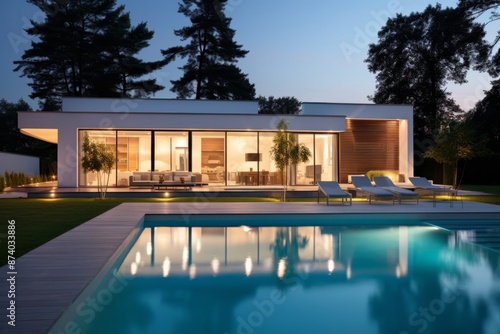 Modern house with a minimalist exterior and a swimming pool in the middle of a forest  © Sunny