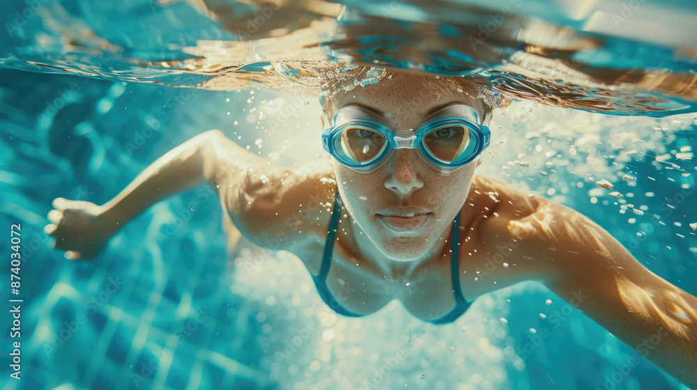 Naklejka premium Underwater shot of female athlete swimming in pool