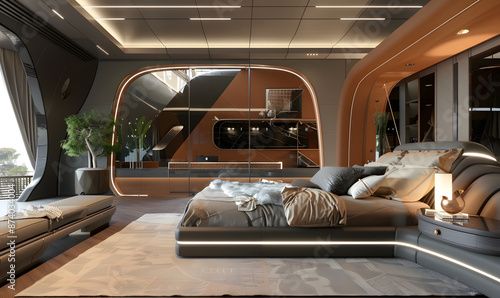 Luxurious Modern Bedroom with Curved Walls and a Large Bed © Andsx