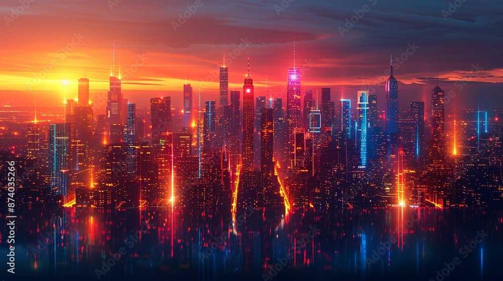 Fototapeta premium Illustrate a futuristic cityscape with abstract shapes and neon lights, emphasizing innovation and technology in urban environments. Illustration, Image, , Minimalism,