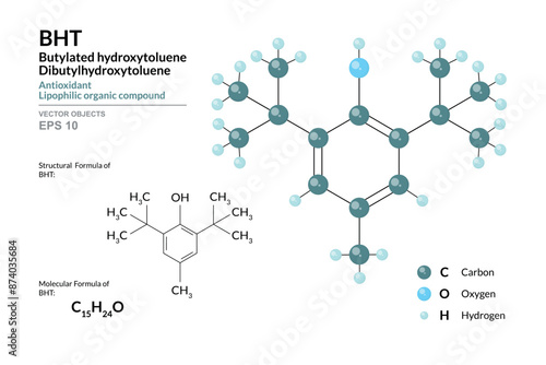 BHT. Dibutyl or Butylated Hydroxytoluene. Structural Chemical Formula and 3d Model of Molecule. C15H24O. Color Coding. Vector Illustration for Educational Materials, Scientific Articles, Presentations