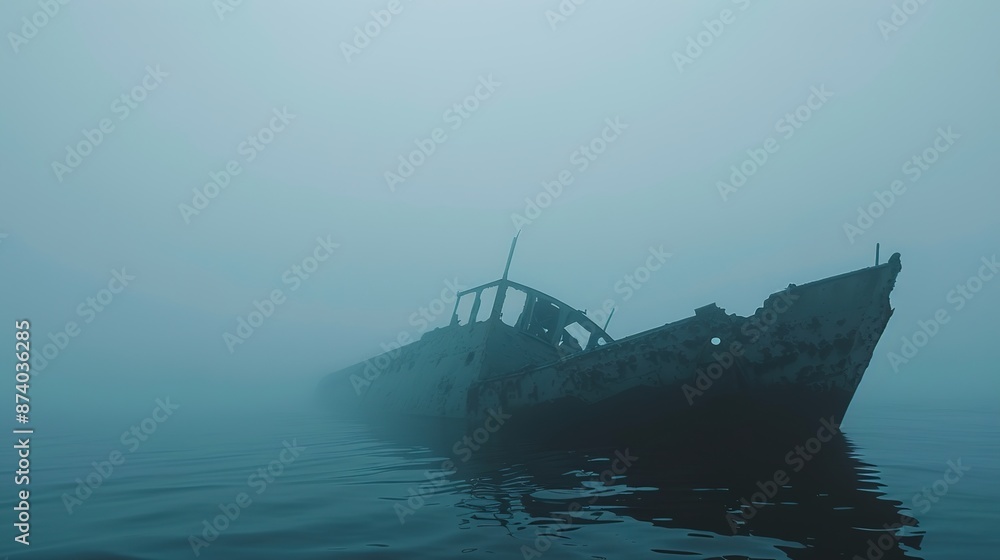 Eerie shipwreck in the foggy ocean: Realistic, cinematic depiction with dark, blue tones. Eerie shipwreck in the foggy ocean: Realistic, cinematic depiction with dark, blue tones.