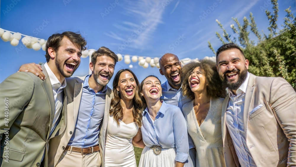 A group of diverse friends dressed in smart casual clothing laugh together outdoor under a sunny blue sky. Showcasing joy and friendship at a corporate party A group of diverse friends dressed in smart casual clothing laugh together outdoor under a sunny blue sky. Showcasing joy and friendship at a corporate party