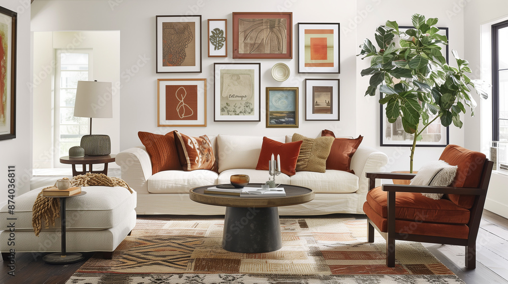 Fototapeta premium A modern living room with an artfully arranged gallery wall.