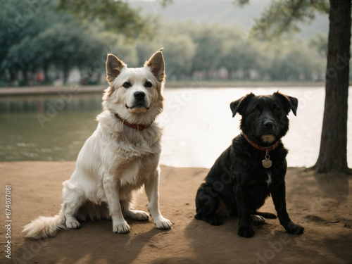 two dogs white and black playing near pond