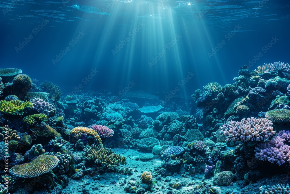 Fototapeta premium Vivid underwater coral reef scene with tropical fish, diverse marine life, and colorful coral formations. Ideal for travel promotions and websites showcasing ocean beauty