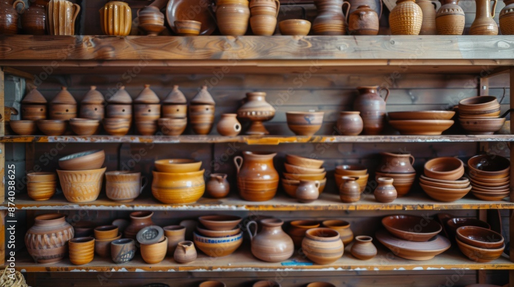 Rustic Pottery Collection on Wooden Shelves Rustic Pottery Collection on Wooden Shelves