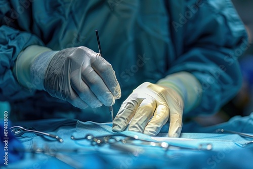 A close-up of a surgeon hands as they perform a delicate hernia repair surgery, highlighting the precision required in this procedure. The surgical instruments are sterile and gleaming under the photo