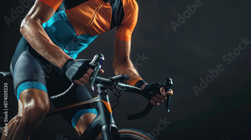 A cyclist riding road bike. He wears black shorts with blue accents on both sides along with an orange jersey