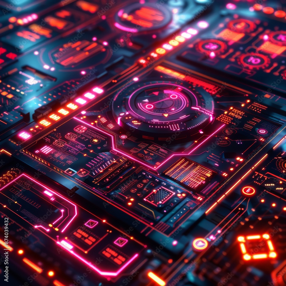 Neon Cyberpunk Dreams: Futuristic Digital Board with Holographic Interfaces and High-Tech Elements Neon Cyberpunk Dreams: Futuristic Digital Board with Holographic Interfaces and High-Tech Elements