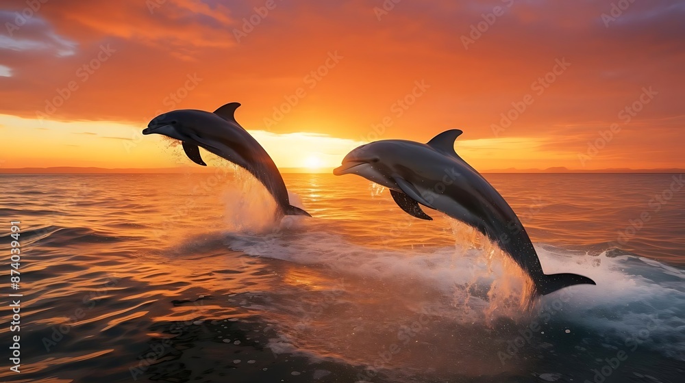 Fototapeta premium Two Dolphins Leap at Sunset