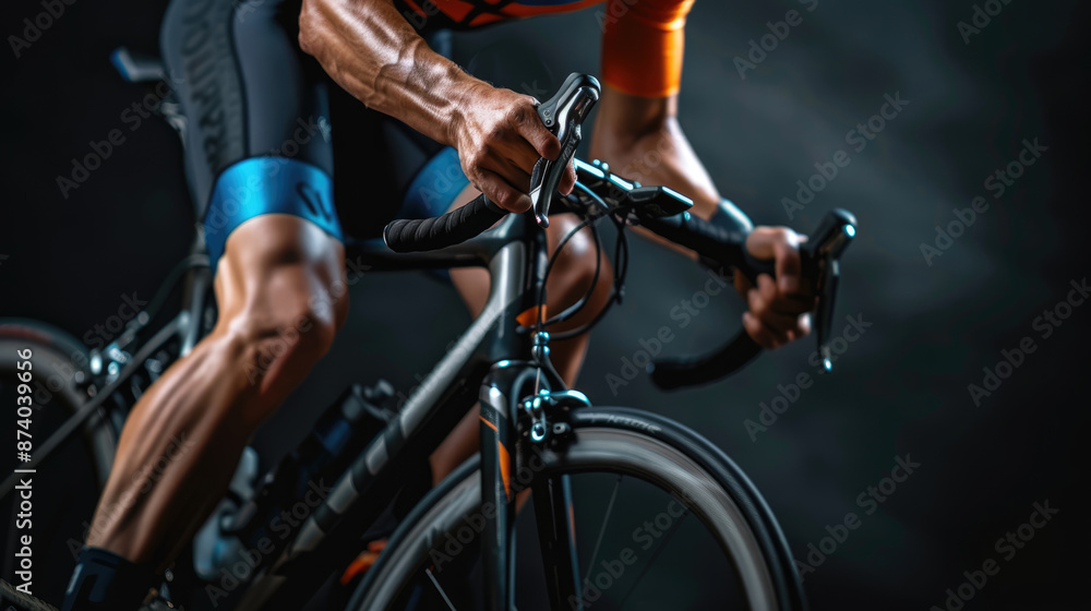 A cyclist riding road bike. He wears black shorts with blue accents on both sides along with an orange jersey A cyclist riding road bike. He wears black shorts with blue accents on both sides along with an orange jersey