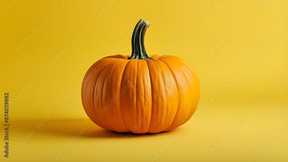 Orange pumpkin on a yellow background with shadow. Copy space. Autumn decoration. Halloween and Thanksgiving concept Orange pumpkin on a yellow background with shadow. Copy space. Autumn decoration. Halloween and Thanksgiving concept