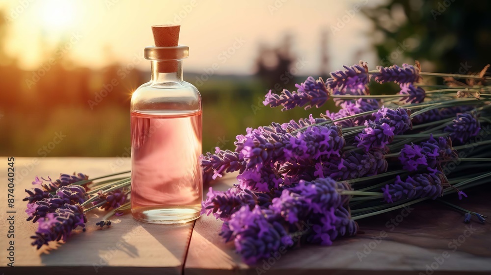 lavender extract in small bottles. selective focus. Generative AI, lavender extract in small bottles. selective focus. Generative AI,