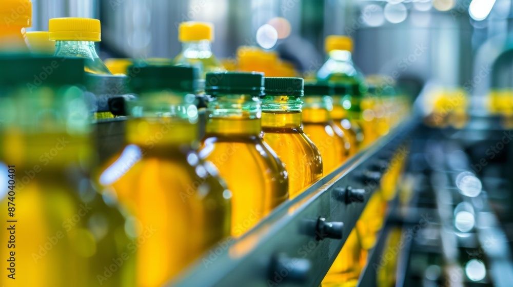 Fototapeta premium Row of Bottles on Assembly Line in Factory