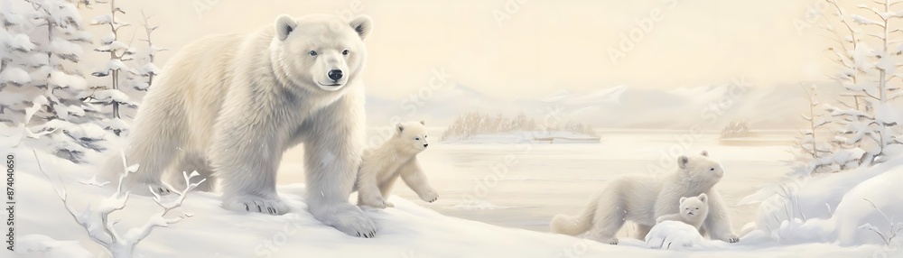 Polar Bear Family in a Snowy Winter Landscape Polar Bear Family in a Snowy Winter Landscape