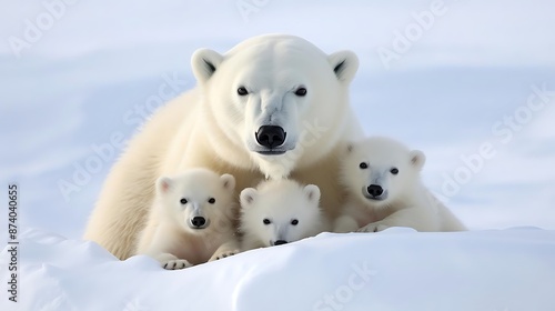 Polar Bear Family in the Snow: Mother and Cubs