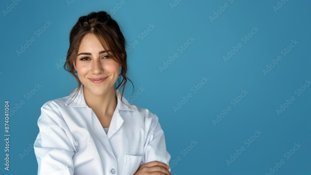 female scientist smiling wearing lab coat isolated blue background female scientist smiling wearing lab coat isolated blue background