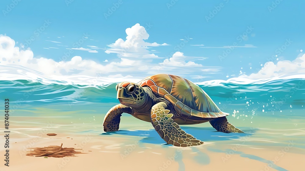 Obraz premium Sea Turtle Walking on Sandy Beach with Blue Sky