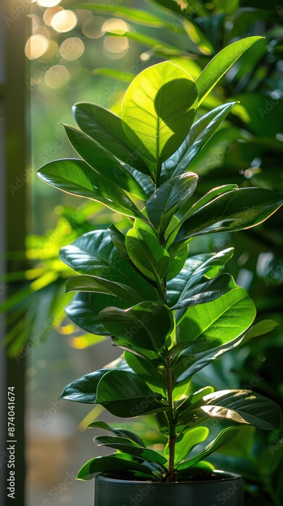 Obraz premium Ficus in pot on window sill with bokeh light.