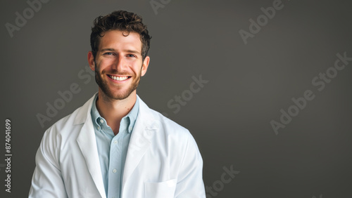 male scientist smiling wearing lab coat isolated dark grey background