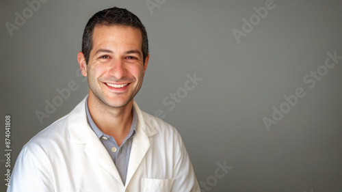 male scientist smiling wearing lab coat isolated dark grey background