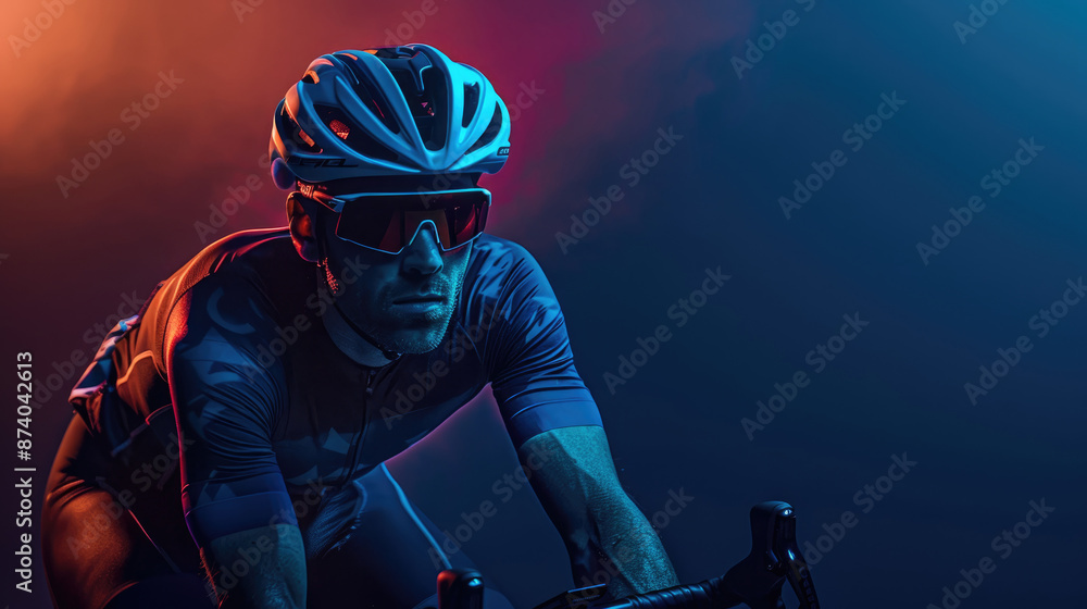 Obraz premium A cyclist riding road bike. He wears black shorts with blue accents on both sides along with an orange jersey