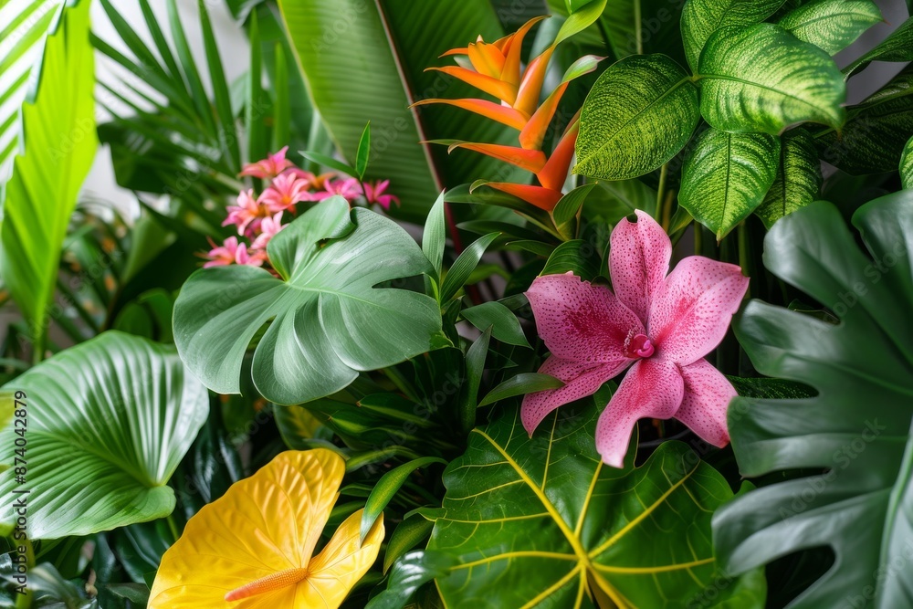 Fototapeta premium Vibrant tropical flower arrangement with lush green leaves, creating a colorful and exotic display