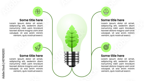 Infographic template. Green energy concept. Light bulb with leaf and 4 steps