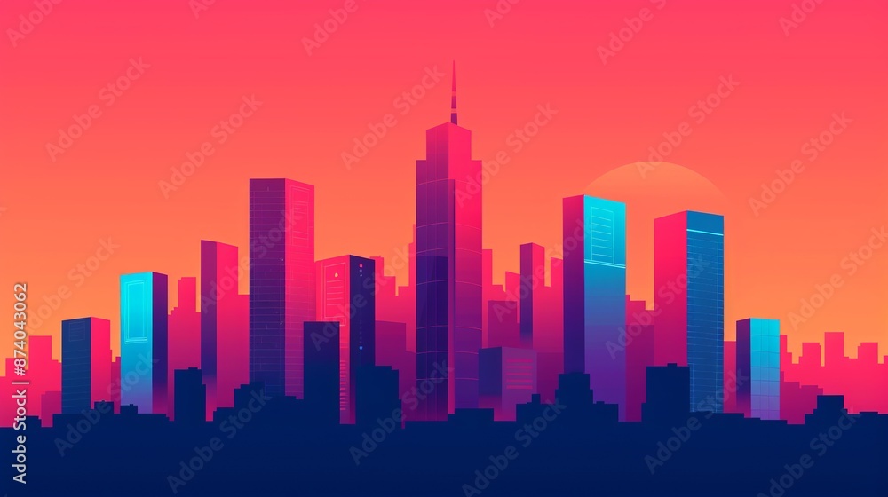 Fototapeta premium Illustrate a high-tech city skyline with futuristic skyscrapers and digital billboards, capturing the dynamic energy of urban life in a technologically advanced society. Illustration, Image, ,