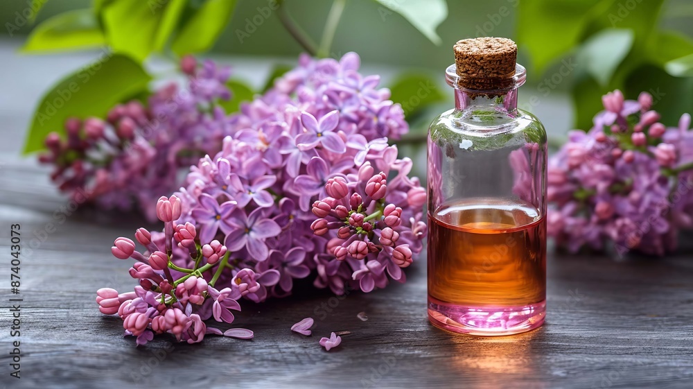 Lilac essential oil in a small bottle. Selective focus. Generative AI, Lilac essential oil in a small bottle. Selective focus. Generative AI,