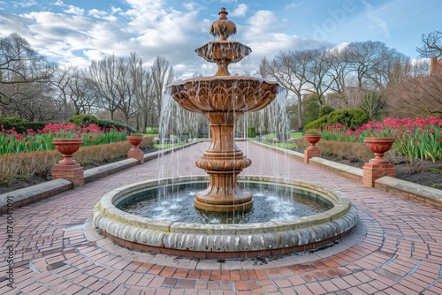 Elegant fountain with intricate details and surrounding benches, captured under bright daylight, creating a serene and inviting garden setting