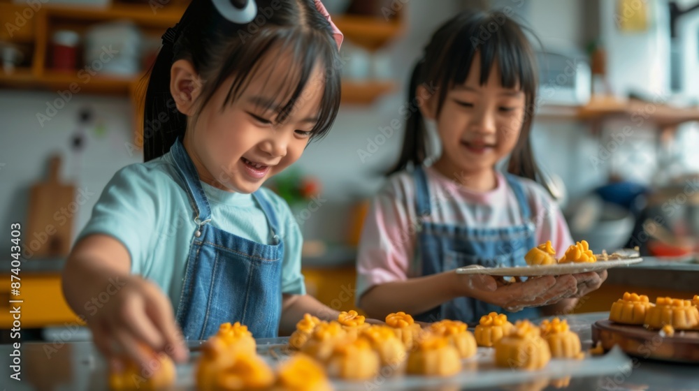 Children Making Mooncakes Viewed from Side Angle for Family Activity Promotion Children Making Mooncakes Viewed from Side Angle for Family Activity Promotion
