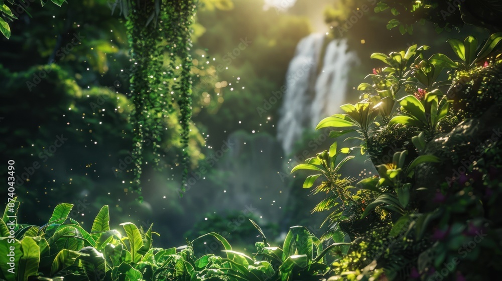 Fototapeta premium Sunlight Through Lush Foliage Revealing a Waterfall