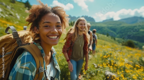 Friends Laughing on Scenic Hiking Trail © AIproduction