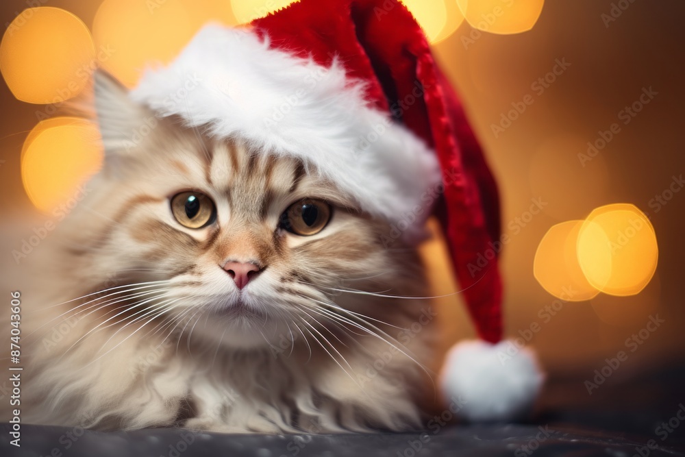 Close up cat wearing santa claus red hat against christmas golden bokeh lights for greeting card with empty space for your text
Close up cat wearing santa claus red hat against christmas golden bokeh lights for greeting card with empty space for your text