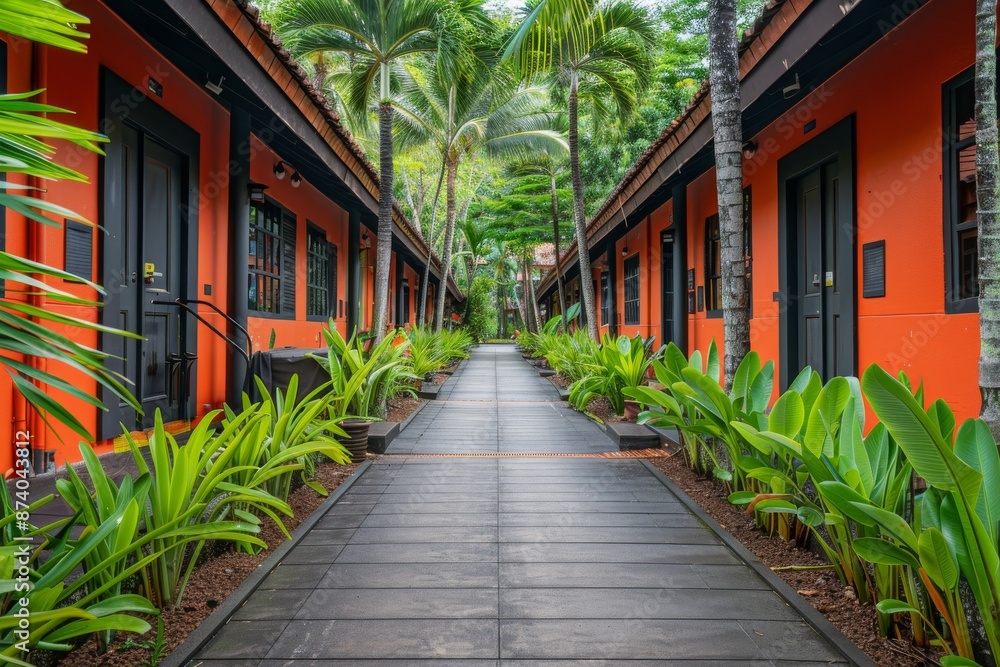 Modern garden path with lush greenery and orange buildings, captured under bright daylight, creating a vibrant and inviting landscape Modern garden path with lush greenery and orange buildings, captured under bright daylight, creating a vibrant and inviting landscape
