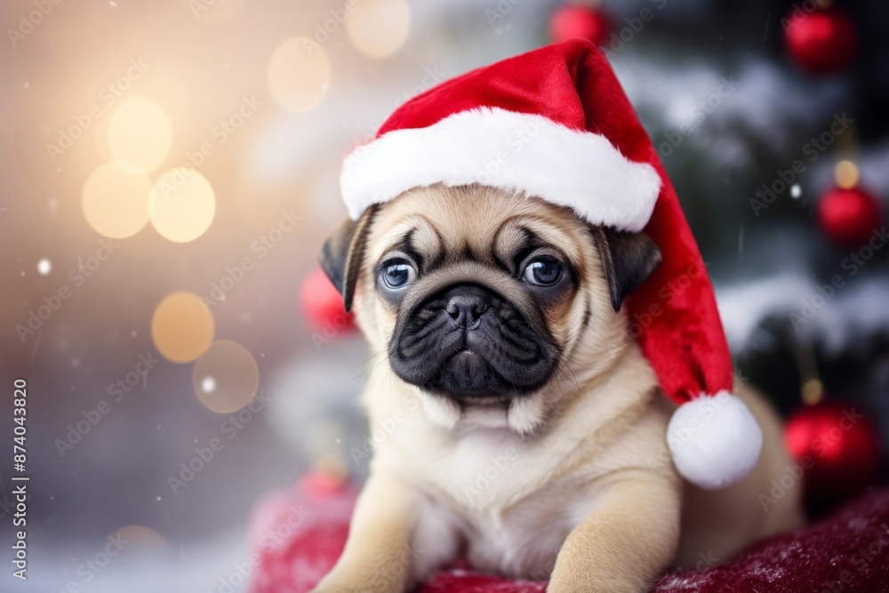 Close up happy dog wearing santa claus red hat against christmas golden bokeh lights for greeting card with empty space for your text
Close up happy dog wearing santa claus red hat against christmas golden bokeh lights for greeting card with empty space for your text