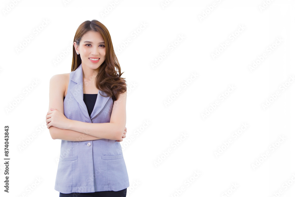 Young asian professional confident working woman who has long hair is standing confidently and arm crossing while isolated white background. Young asian professional confident working woman who has long hair is standing confidently and arm crossing while isolated white background.